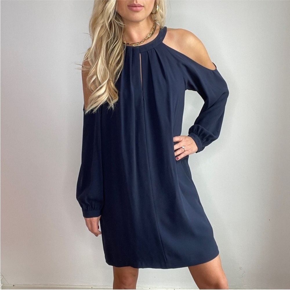 BCBGMaxAzria Josephine Navy Blue Cold Shoulder Bishop Sleeve Dress